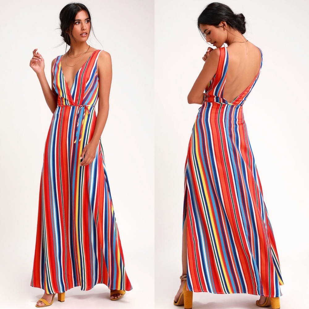 LuLus Elianna Rainbow Stripe Backless Maxi Dress